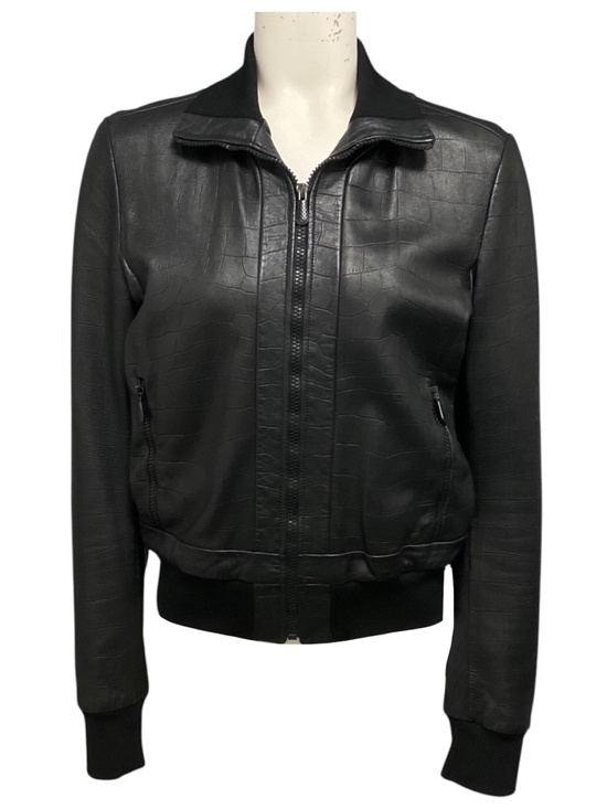 Bottega Veneta Jackets & Blazers - BOTTEGA VENETA BLACK EMBOSSED LEATHER ZIP FRONT BOMBER JACKET